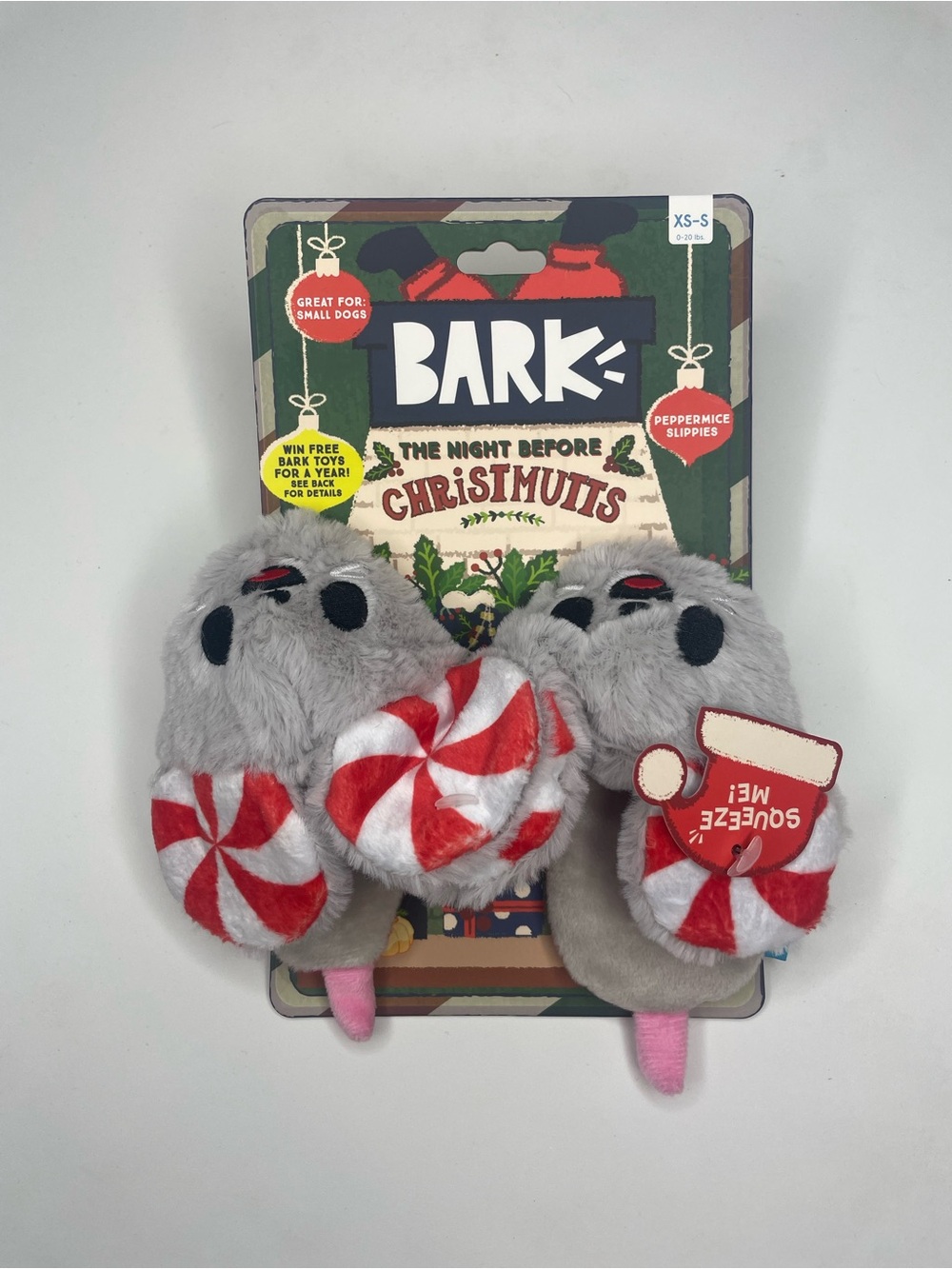 BARK Peppermice Slippies Plush Dog Toy - Gray & Red